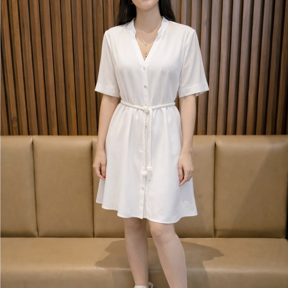Zara White Short Button-Front Shirt Dress with Rope Waist